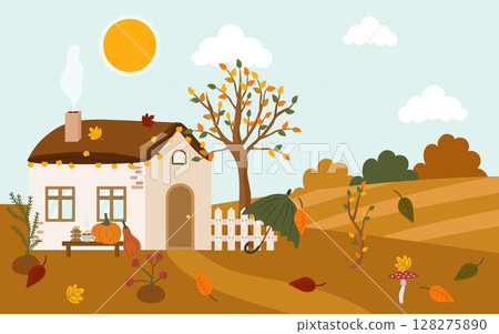 Autumn cozy rural house. Cute rustic landscape with leaves, pumpkin, white fence, tree, bushes, lawn. Vector illustration of a falling day outside the city. 128275890