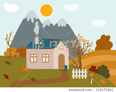 Autumn cozy rural house in the mountains. Cute rustic landscape with a white fence, tree, bushes, lawn. Vector illustration of a falling day outside the city. 128275891