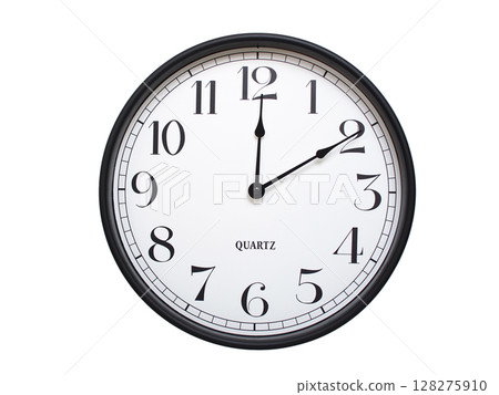 Round analog wall clock with a black frame, white face, and bold black numerals. showing 00:10 or 12:10. Isolated on a white background. Ideal for time-related themes. Round analog wall clock with a black frame, white face, and bold black numerals. showing 00:10 or 12:10. Isolated on a white background. Ideal for time-related themes. 128275910