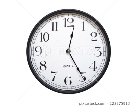 Round analog wall clock with a black frame, white face, and bold black numerals. showing 00:25 or 12:25. Isolated on a white background. Ideal for time-related themes. Round analog wall clock with a black frame, white face, and bold black numerals. showing 00:25 or 12:25. Isolated on a white background. Ideal for time-related themes. 128275913