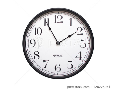Round analog wall clock with a black frame, white face, and bold black numerals. showing 01:55 or 13:55. Isolated on a white background. Ideal for time-related themes. Round analog wall clock with a black frame, white face, and bold black numerals. showing 01:55 or 13:55. Isolated on a white background. Ideal for time-related themes. 128275931