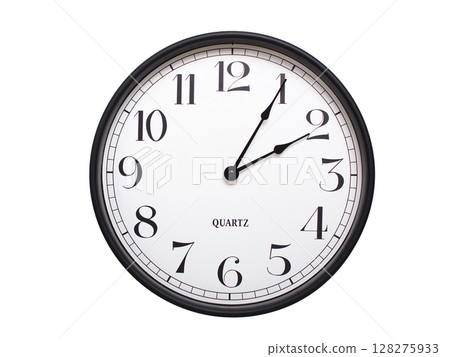 Round analog wall clock with a black frame, white face, and bold black numerals. showing  02:05 or 14:05. Isolated on a white background. Ideal for time-related themes. 128275933