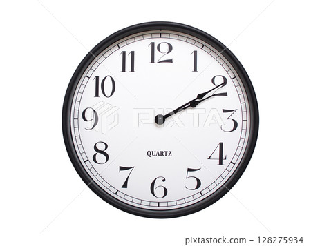 Round analog wall clock with a black frame, white face, and bold black numerals. showing 02:10 or 14:10. Isolated on a white background. Ideal for time-related themes. Round analog wall clock with a black frame, white face, and bold black numerals. showing 02:10 or 14:10. Isolated on a white background. Ideal for time-related themes. 128275934