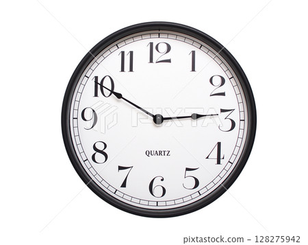 Round analog wall clock with a black frame, white face, and bold black numerals. showing  02:50 or 14:50. Isolated on a white background. Ideal for time-related themes. 128275942