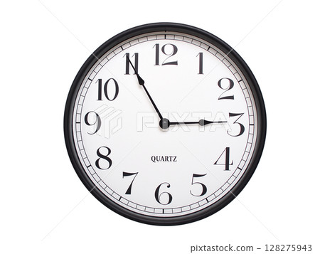 Round analog wall clock with a black frame, white face, and bold black numerals. showing  02:55 or 14:55. Isolated on a white background. Ideal for time-related themes. 128275943