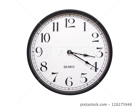 Round analog wall clock with a black frame, white face, and bold black numerals. showing  03:20 or 15:20. Isolated on a white background. Ideal for time-related themes. 128275948