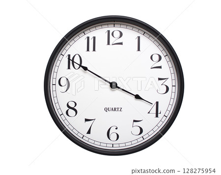 Round analog wall clock with a black frame, white face, and bold black numerals. showing  03:50 or 15:50. Isolated on a white background. Ideal for time-related themes. 128275954