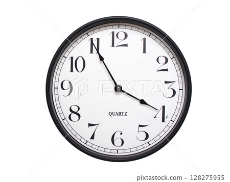 Round analog wall clock with a black frame, white face, and bold black numerals. showing  03:55 or 15:55. Isolated on a white background. Ideal for time-related themes. 128275955