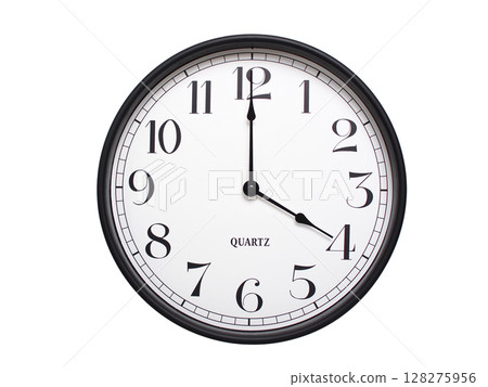 Round analog wall clock with a black frame, white face, and bold black numerals. showing  04:00 or 16:00. Isolated on a white background. Ideal for time-related themes. 128275956