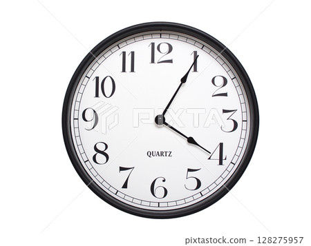 Round analog wall clock with a black frame, white face, and bold black numerals. showing  04:05 or 16:05. Isolated on a white background. Ideal for time-related themes. 128275957