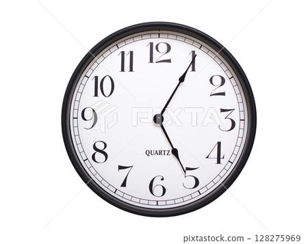 Round analog wall clock with a black frame, white face, and bold black numerals. showing 05:05 or 17:05. Isolated on a white background. Ideal for time-related themes. Round analog wall clock with a black frame, white face, and bold black numerals. showing 05:05 or 17:05. Isolated on a white background. Ideal for time-related themes. 128275969