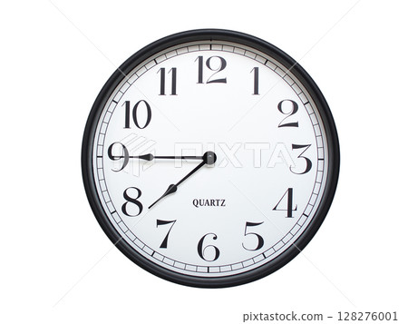 Round analog wall clock with a black frame, white face, and bold black numerals. showing 07:45 or 19:45. Isolated on a white background. Ideal for time-related themes. Round analog wall clock with a black frame, white face, and bold black numerals. showing 07:45 or 19:45. Isolated on a white background. Ideal for time-related themes. 128276001