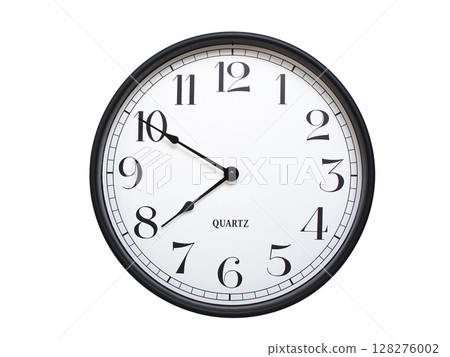 Round analog wall clock with a black frame, white face, and bold black numerals. showing  07:50 or 19:50. Isolated on a white background. Ideal for time-related themes. 128276002