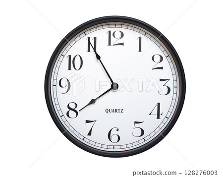 Round analog wall clock with a black frame, white face, and bold black numerals. showing  07:55 or 19:55. Isolated on a white background. Ideal for time-related themes. 128276003