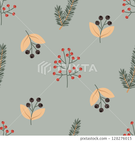 Seamless cozy autumn pattern with twigs and bushes with red and black berries. Vector illustration for warm falling, printing on clothes, packaging, fabric, paper. Seamless cozy autumn pattern with twigs and bushes with red and black berries. Vector illustration for warm falling, printing on clothes, packaging, fabric, paper. 128276015