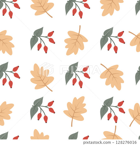 Seamless cozy autumn pattern with maple leaves, twigs and rosehip berries. Vector illustration for warm falling, printing on clothes, packaging, fabric, paper. Seamless cozy autumn pattern with maple leaves, twigs and rosehip berries. Vector illustration for warm falling, printing on clothes, packaging, fabric, paper. 128276016