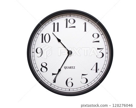 Round analog wall clock with a black frame, white face, and bold black numerals. showing 10:35 or 22:35. Isolated on a white background. Ideal for time-related themes. Round analog wall clock with a black frame, white face, and bold black numerals. showing 10:35 or 22:35. Isolated on a white background. Ideal for time-related themes. 128276046