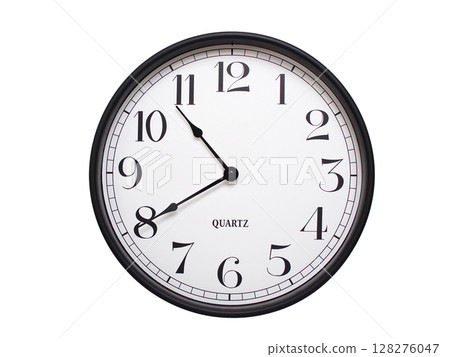 Round analog wall clock with a black frame, white face, and bold black numerals. showing  10:40 or 22:40. Isolated on a white background. Ideal for time-related themes. 128276047