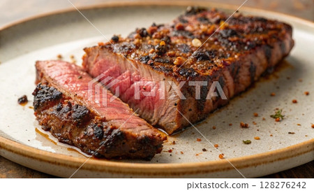 Beef steak served in plate . Grilled steak, medium rare.  128276242