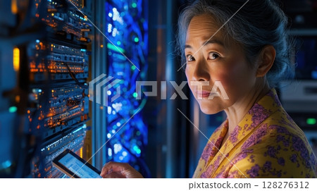 Middle-aged Asian woman reviewing cloud analytics in server room with glowing racks. Data scientist Middle-aged Asian woman reviewing cloud analytics in server room with glowing racks. Data scientist 128276312