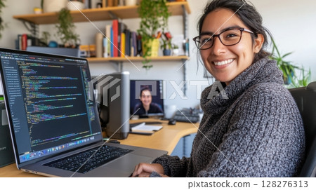 Latina data engineer working remotely in a stylish home office and promoting tech accessibility and work-life balance. Data scientist 128276313