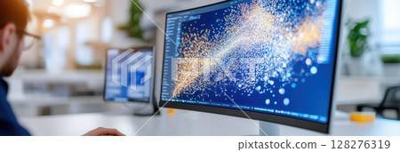Ultra-modern workspace with data scientist monitoring machine learning model in a serene environment. Data scientist Ultra-modern workspace with data scientist monitoring machine learning model in a serene environment. Data scientist 128276319