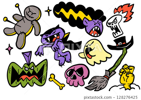 Colorful Halloween themed illustrations featuring spooky characters like ghosts, monsters 128276425