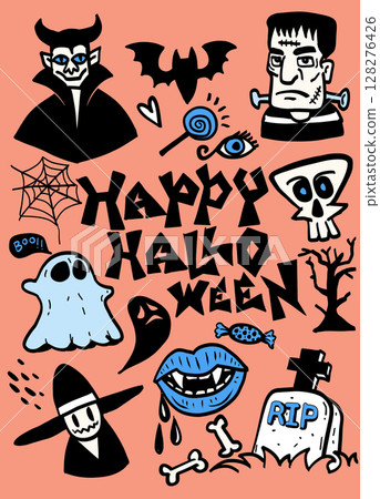 Happy Halloween with spooky characters and symbols like ghosts, bats, and skulls 128276426
