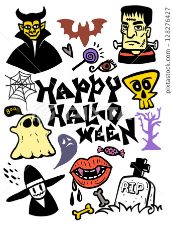 Happy Halloween with spooky icons like ghosts, bats, and monsters, creating festive atmosphere 128276427