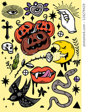 Spooky Halloween themed illustrations featuring pumpkins, skulls, and mystical symbols evoke 128276429