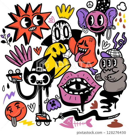 Colorful and playful cartoon characters with various expressions and shapes create vibrant Colorful and playful cartoon characters with various expressions and shapes create vibrant 128276430