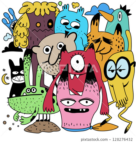Colorful cartoon monsters with various expressions and features, creating fun and playful 128276432
