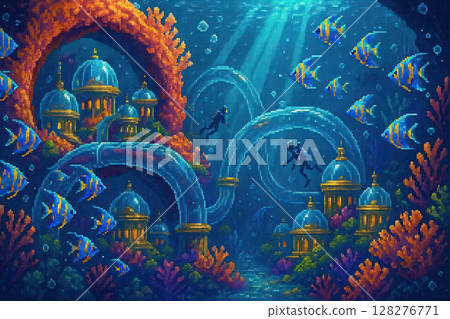 Pixel-Art Undersea Coral Metropolis with Glass Domes, Tunnels and Colorful Reef Fish 128276771