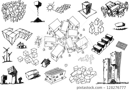 hand drawn architectural sketches of urban ideas and city structures and parts of the city and architecture and fantastic buildings and photovoltics and alternative energy ideas 128276777