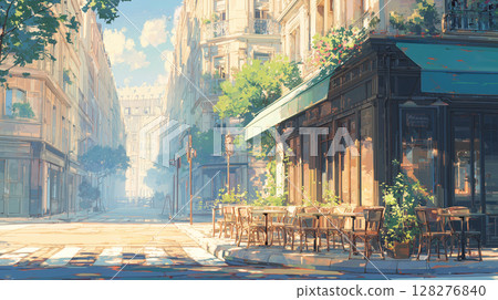 Cafe street in Paris under the soft sunlight: anime style 128276840