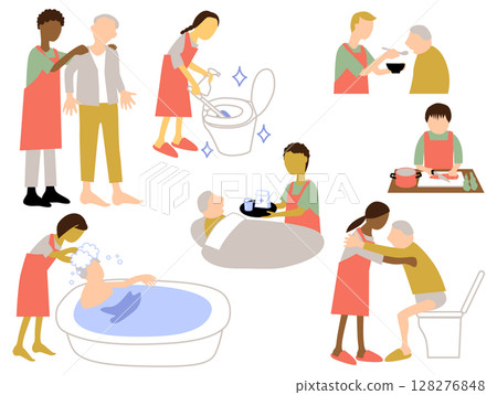Illustration set of multinational home helpers caring for the elderly 128276848