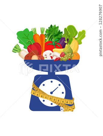 Healthy eating and diet concept. Scales with Fresh vegetables on on white background. stock illustration 128276907