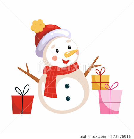 Funny cute snowman with gifts on white background. Illustration on white background. postcard decoration element. 128276916