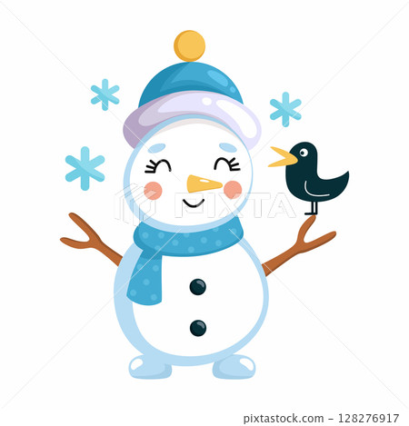 Funny cute snowman and snowflakes. Illustration on white background. postcard decoration element. Funny cute snowman and snowflakes. Illustration on white background. postcard decoration element. 128276917