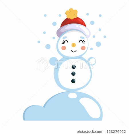 Funny cute snowman and snowdrift. Illustration on white background. postcard decoration element. 128276922
