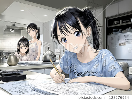 Illustration material of an elementary school student doing homework in the living room and dining room and his mother watching over him 128276924