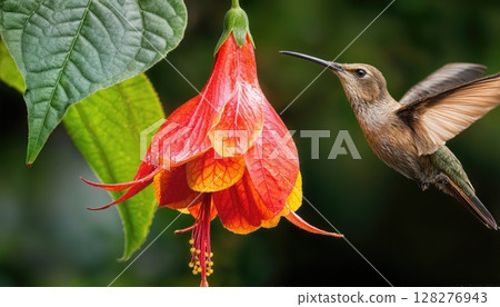 Hummingbird in Flights around an Abutilon Blossom, a Vivid Splash of Colors in a Tropical Garden at Dawn 128276943