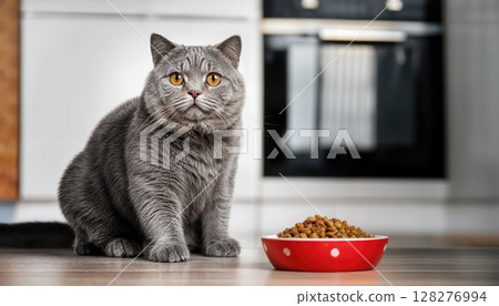 Hungry Grey British Cat in a Cozy Kitchen Solemn Grey Feline Gazing Intently at Camera, Nestled by Bowl of Food amidst Warm Tones and Domestic Comfort. 128276994
