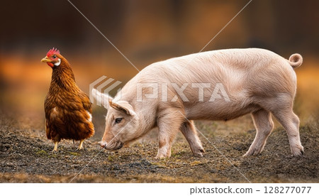 Charming Farmyard Duo An Endearing Pig and Hen Frolicking in a Rustic, Sunlit Barnyard, Capturing the Innocence and Joy of Country Life. 128277077