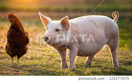 Charming Scene of an Adorable Farm Pig and Hen Amidst the Warm Hues of a Tranquil Sunset, Capturing the Peaceful Atmosphere of a Rustic Farmstead in Twilight. 128277079