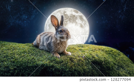 Mystical Moonlit Glow Enchants a Serene Rabbit atop a Mosscovered Knoll, Illuminating the Cool Hues of a Forest Night in the Wild Mystical Moonlit Glow Enchants a Serene Rabbit atop a Mosscovered Knoll, Illuminating the Cool Hues of a Forest Night in the Wild 128277094