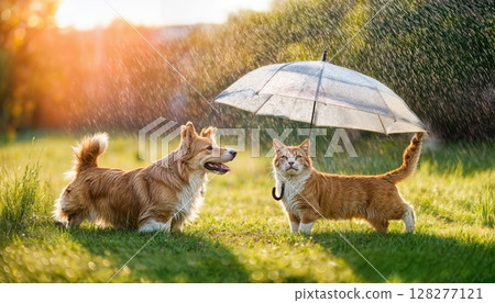 Sunny Summer Meadow Playful Red Cat and Cheerful Corgi Stroll Together Under an Umbrella, Capturing Joyful Companionship and Vibrant Energy in a Picturesque Outdoor Setting 128277121
