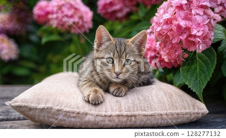 Blooming Pink Hydrangeas Embrace a Dreamy Tabby Kitten in a Serene Garden Setting, Capturing the Perfect Moment of Relaxation and Natural Beauty. Blooming Pink Hydrangeas Embrace a Dreamy Tabby Kitten in a Serene Garden Setting, Capturing the Perfect Moment of Relaxation and Natural Beauty. 128277132