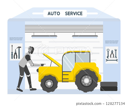 Auto service with robot mechanic working on vehicle under garage roof, technology theme Auto service with robot mechanic working on vehicle under garage roof, technology theme 128277134