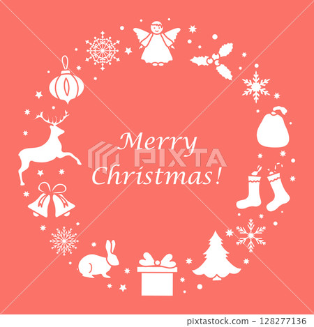 Christmas greeting card with festive icons forming a circle and Merry Christmas text in center Christmas greeting card with festive icons forming a circle and Merry Christmas text in center 128277136